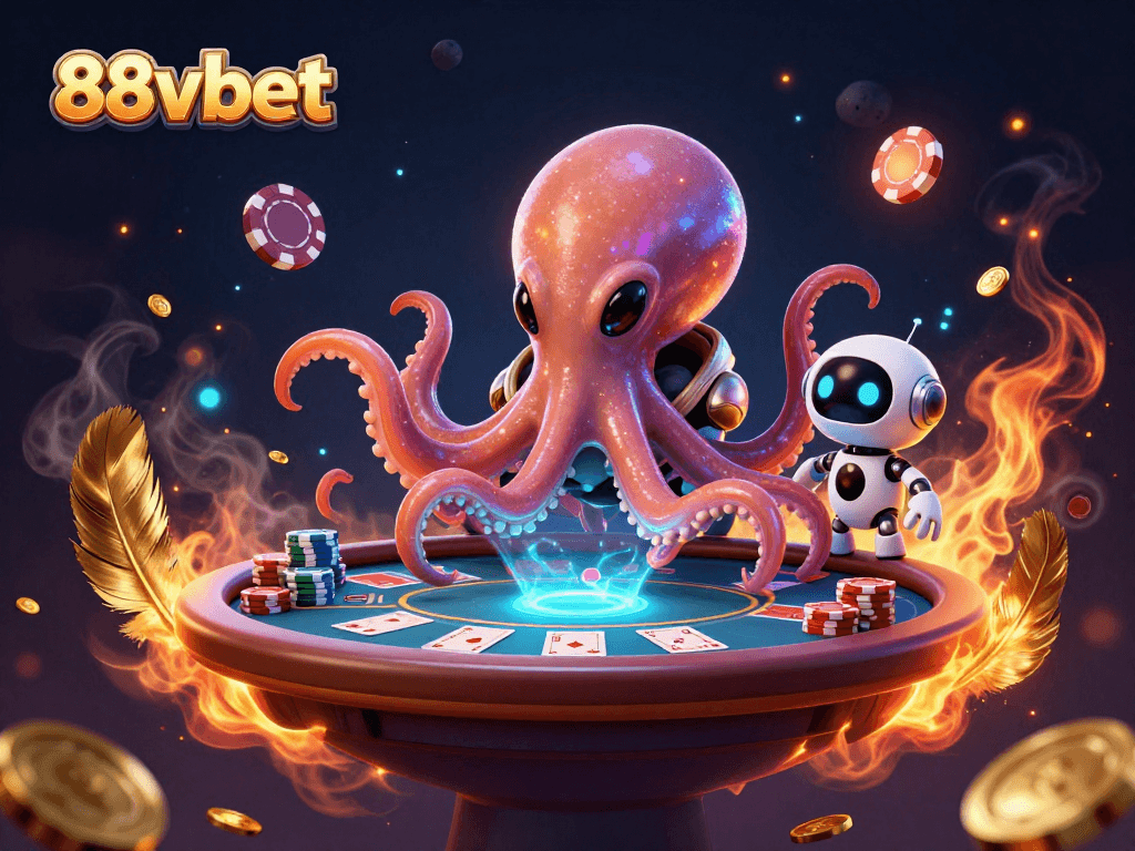Engage with interactive poker at 88vbet featuring a vibrant cosmic octopus and thrilling game elements.