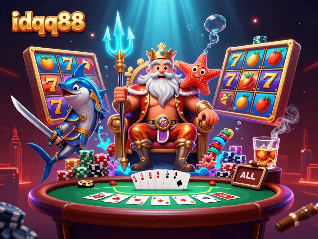 Spin the reels at idqq88 while Neptune’s minions guard your jackpot treasures in this vibrant casino scene.