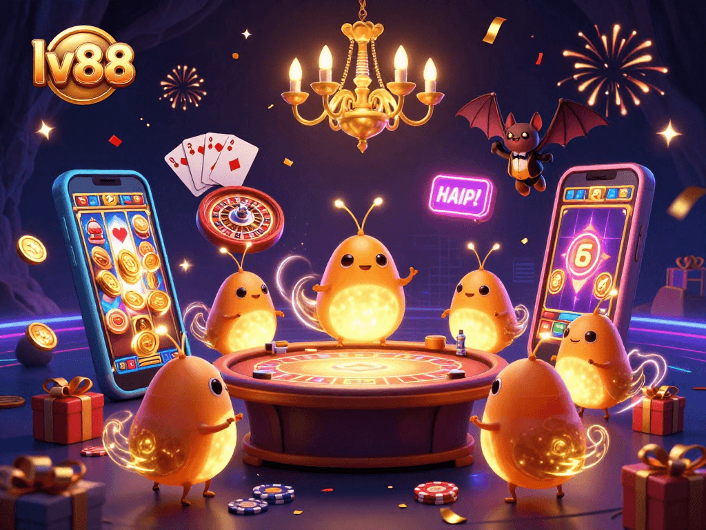 Experience gaming excitement at lv88 with glowing characters lighting a vibrant casino scene.