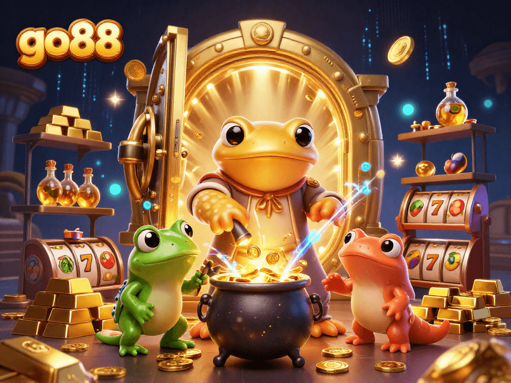 Go88 immerses players in a vibrant casino scene with a golden salamander alchemist crafting coins.