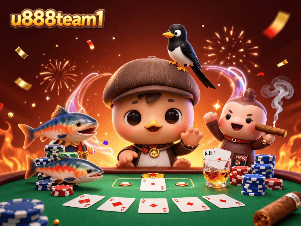 u888team1 celebrates poker action with cartoon Nessie and friends in vibrant casino atmosphere