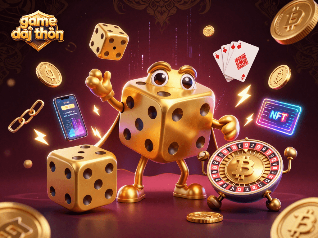 Experience the excitement of game đổi thưởng with 3D cartoon characters juggling golden dice amidst neon cryptocurrency elements.