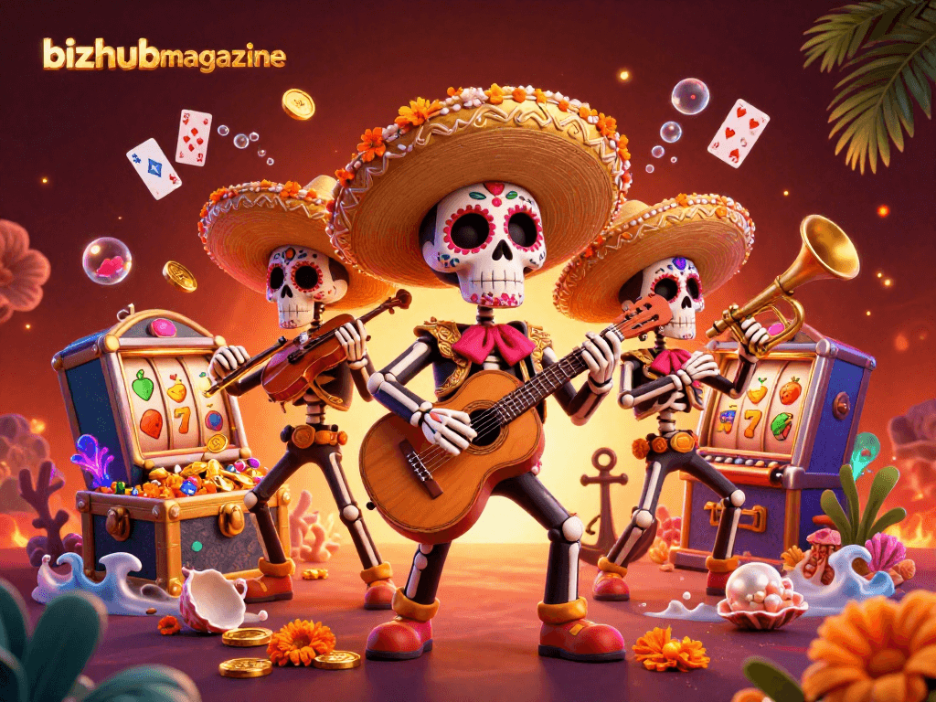 Engaging 3D cartoon illustration of a mariachi band promoting bizhubmagazine with slots, coins, and casino elements.