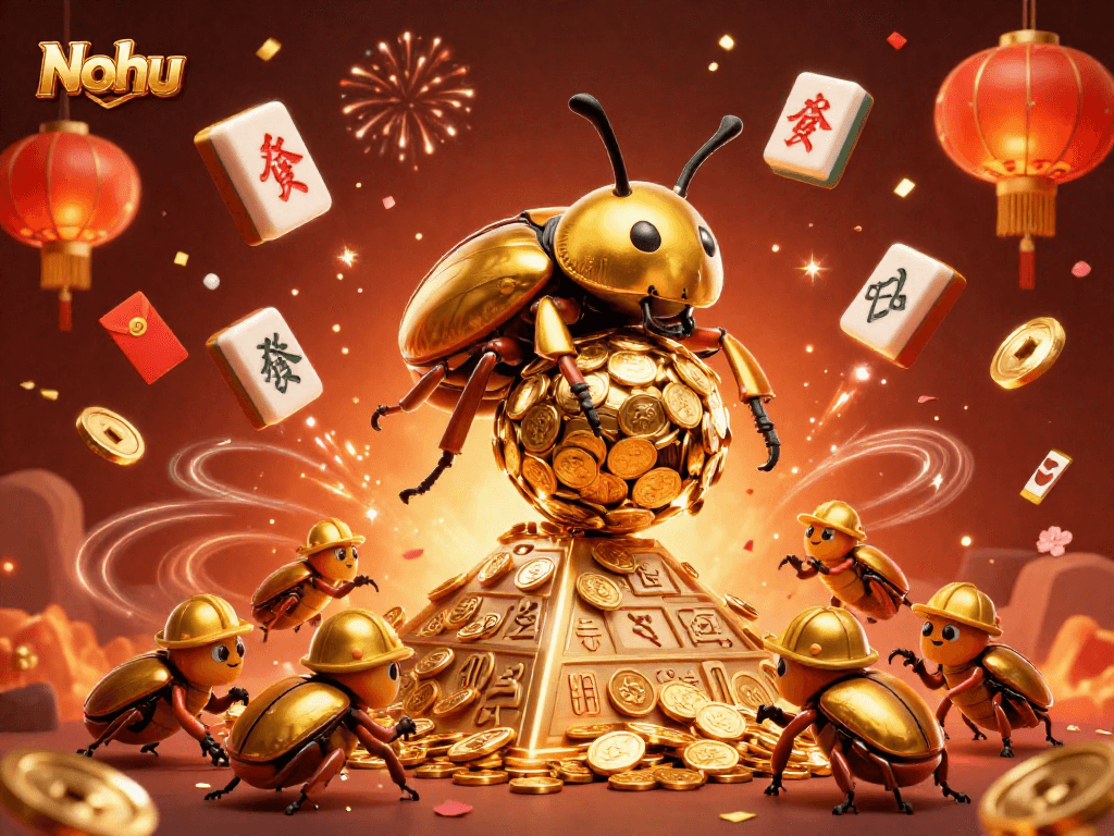Nohu brings luck in this vibrant 3D illustration of a golden beetle at a casino pyramid