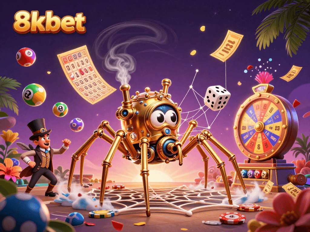 8xbet showcases a steampunk spider spinning a web of fortune amidst a vibrant lottery theme.