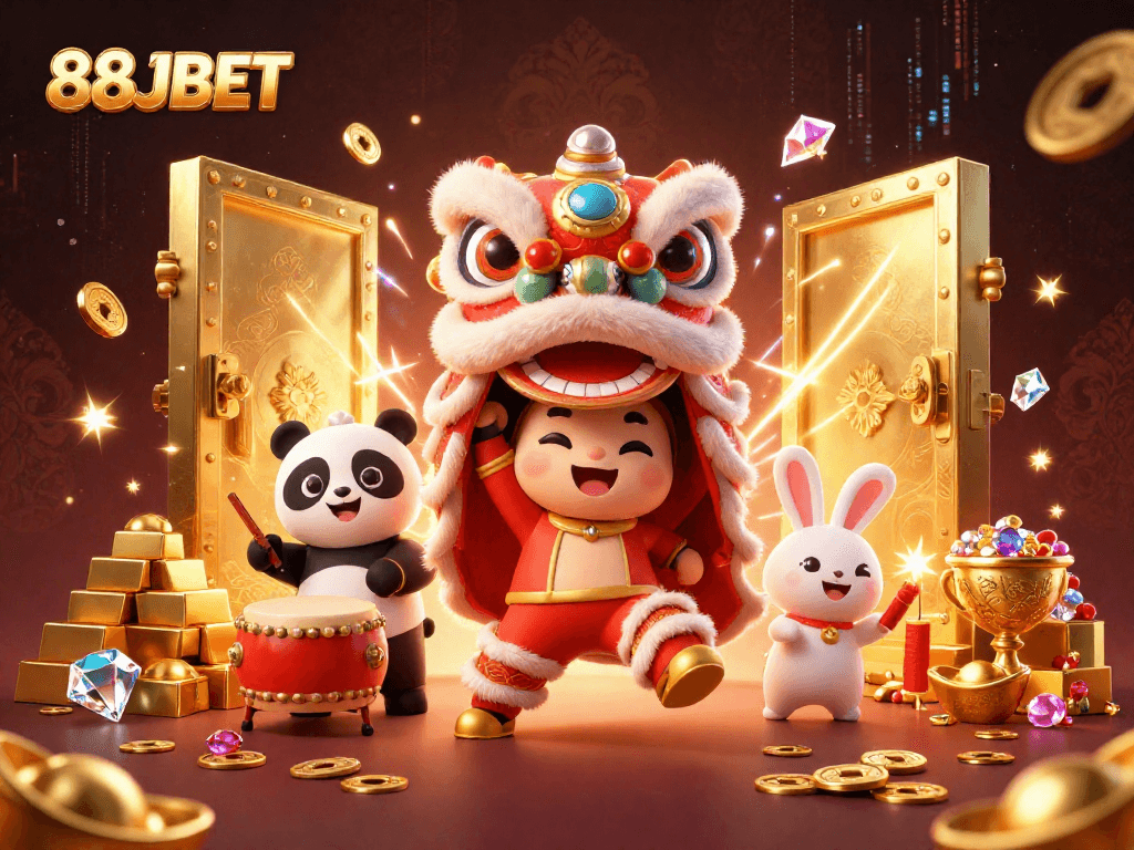 Experience the excitement of 88JBET with vibrant characters performing a lion dance amidst treasure and jewels.