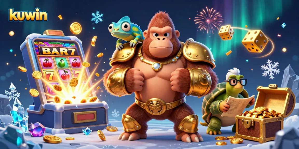 Kuwin enhances winning odds with a vibrant scene of casino characters and games amidst a jackpot explosion.