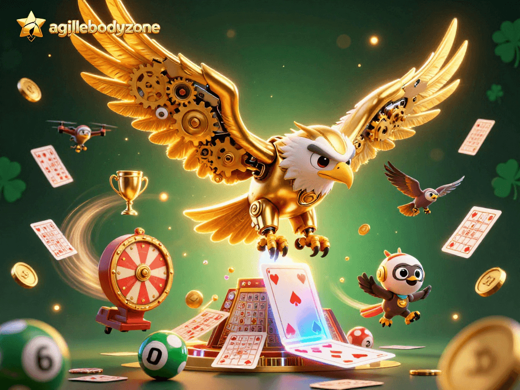 Experience the excitement of agilebodyzone as a golden eagle dives through vibrant lottery elements with engaging gameplay.