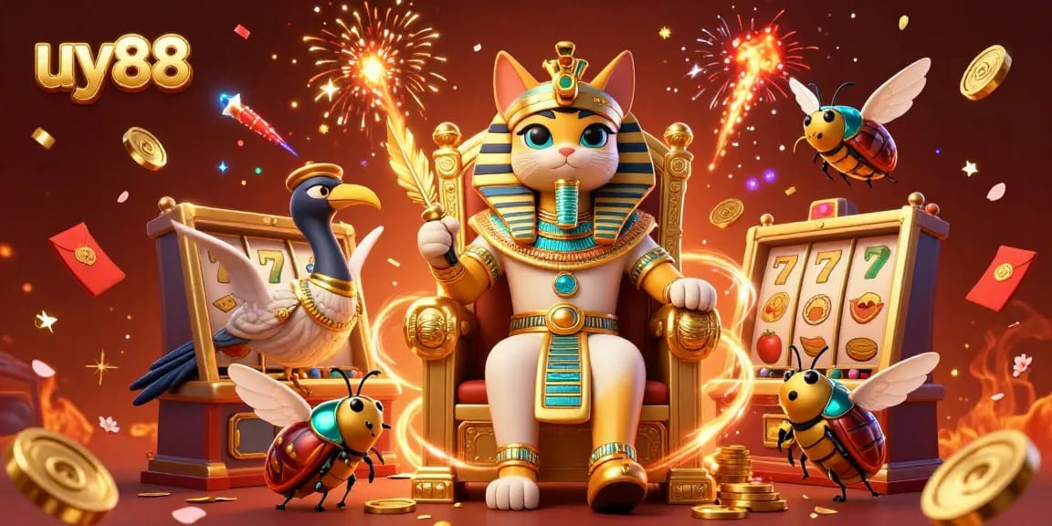 Experience the excitement of uy88 with a vibrant 3D casino illustration featuring lucky slot elements and characters.