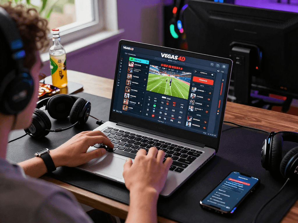 Pengalaman bermain judi online di VEGAS4D dengan layar laptop yang menampilkan opsi taruhan olahraga.