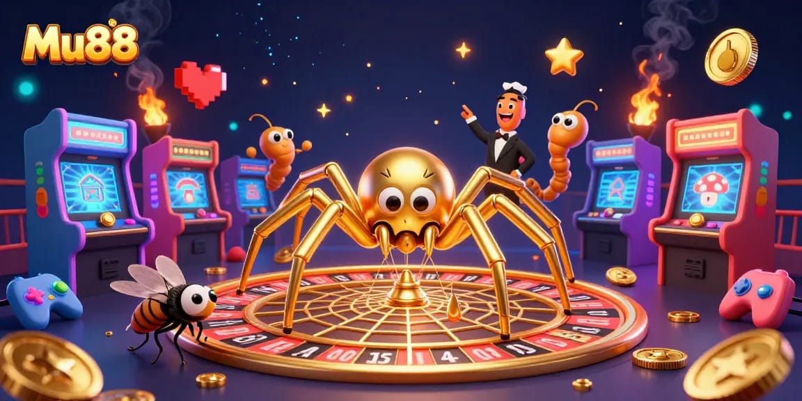 Mu88 offers thrilling bets as a golden spider spins a roulette wheel web, captivating players.