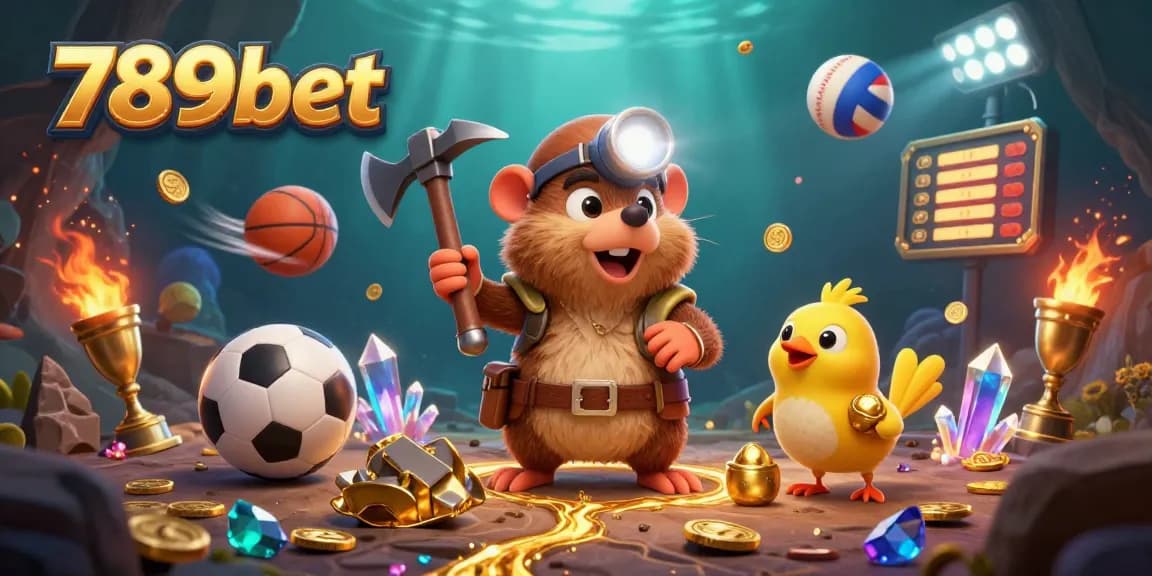Experience the thrill of 789bet with vibrant sports elements and a treasure hunter in a dynamic casino scene.