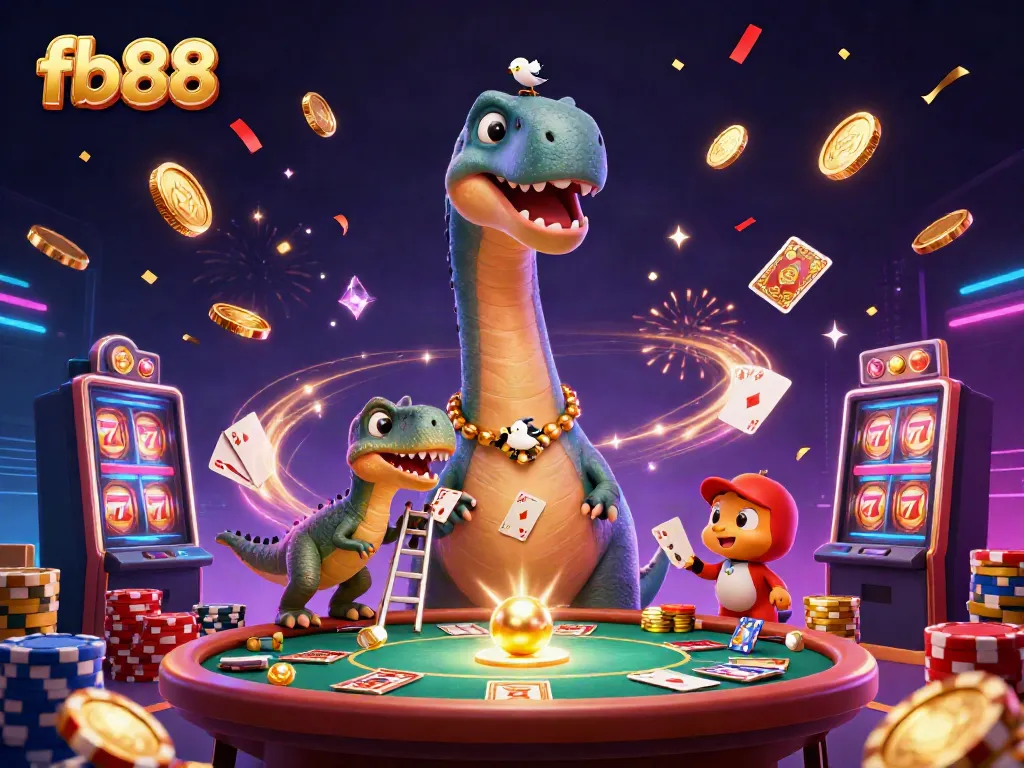 Experience fb88's thrilling environment with a vibrant 3D casino scene filled with dynamic characters and game elements.