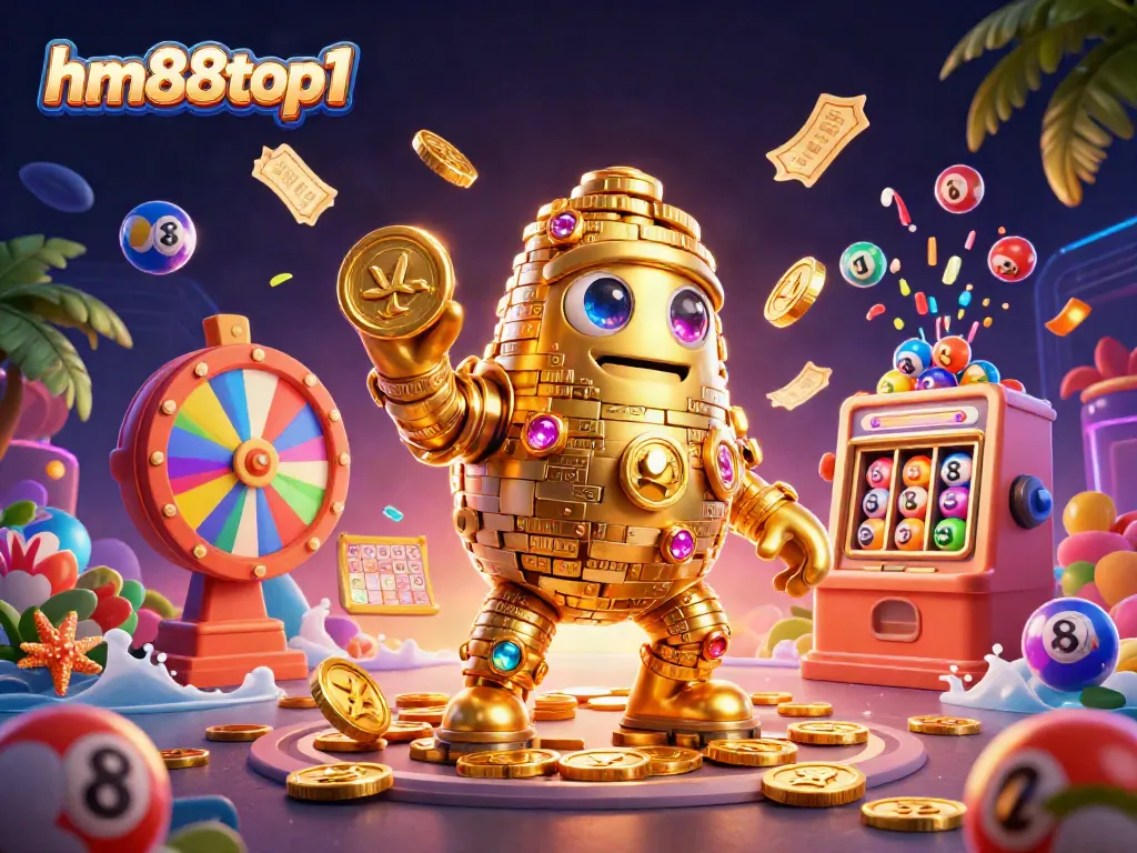 Experience dynamic gaming with the hm88top1 golden golem surrounded by bingo and lottery elements.