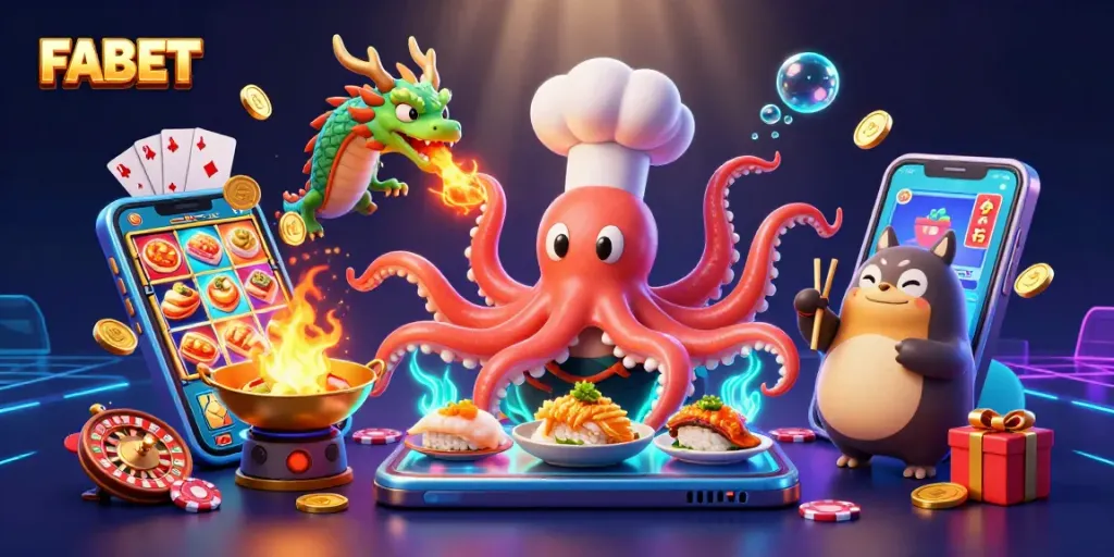 FABET brings excitement to your gaming with a vibrant 3D casino illustration featuring thrilling slot games and dynamic characters.