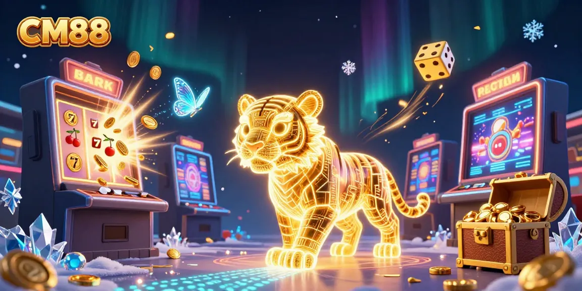 Experience thrilling gaming at CM88 with a captivating 3D casino illustration featuring dynamic elements.
