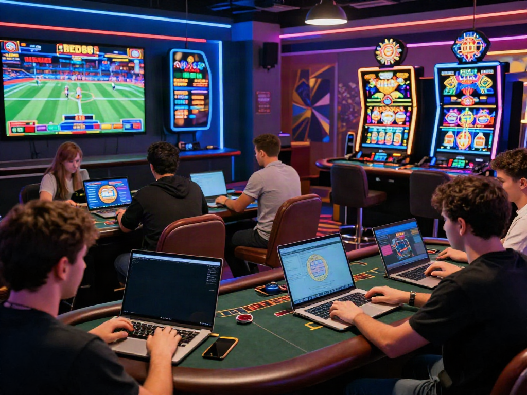 Exciting online gambling scene highlighting diverse players using RED88's gaming platforms and interfaces.