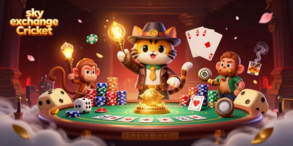 Engage in sky exchange Cricket with a dynamic 3D scene of an archaeologist cat and a monkey, rich in gambling elements.