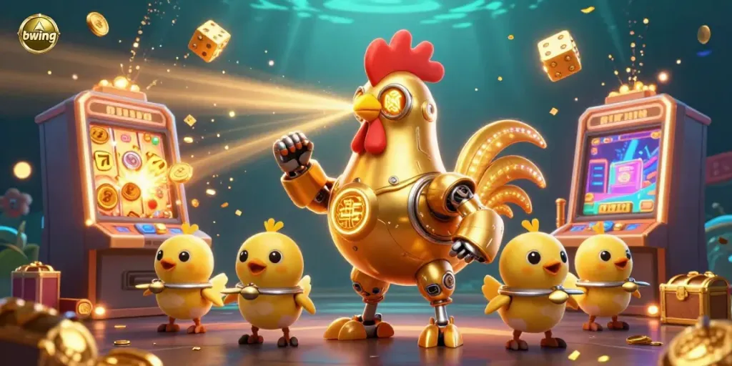 Bwing casino adventure featuring a golden rooster robot and baby chick drones amidst a jackpot explosion and thrilling gaming elements.