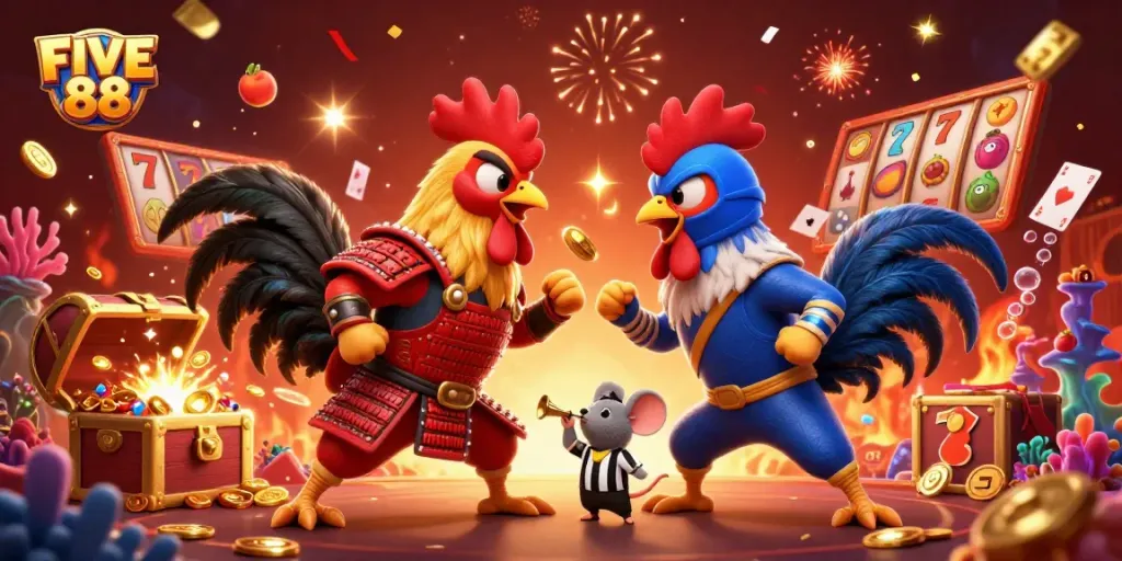 Experience the thrill of FIVE 88 as cartoon roosters battle amidst slot reels and confetti.