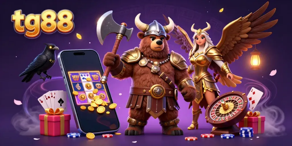 Engage with tg88's thrilling casino experience, featuring a Viking bear and Valkyrie eagle in a vibrant slot game adventure.