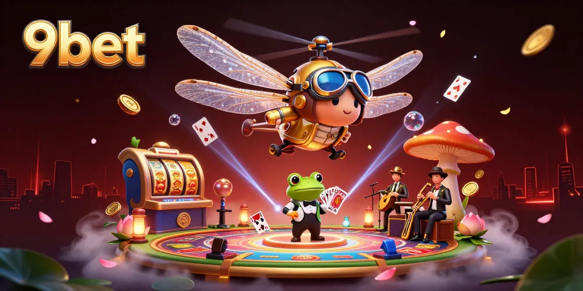 9bet gaming scene showcasing a dragonfly pilot, a frog croupier, and jazz musicians in a lively casino atmosphere