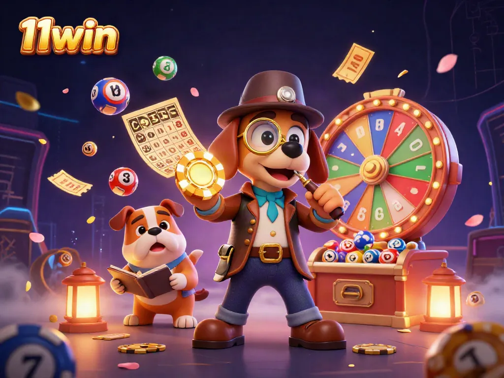 Join the fun at 11win as a detective investigates a thrilling poker chip amid vibrant casino elements.
