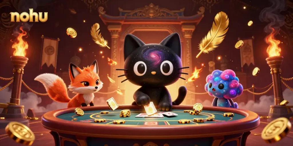 Nohu captures winning chips at a vibrant cosmic casino table with a charming black hole cat and nebula fox.