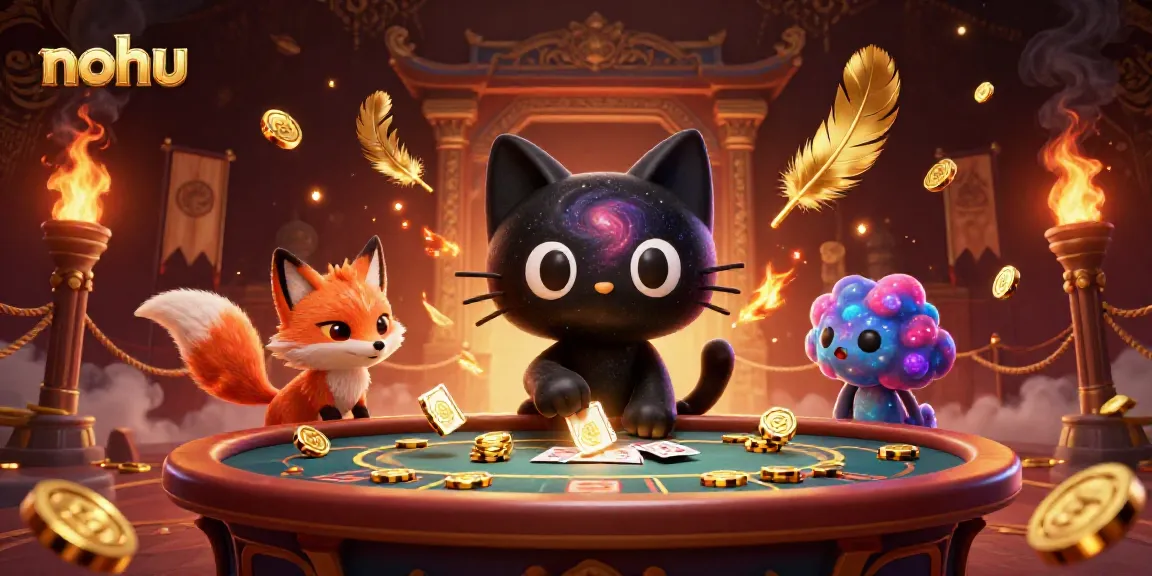 Nohu captures winning chips at a vibrant cosmic casino table with a charming black hole cat and nebula fox.