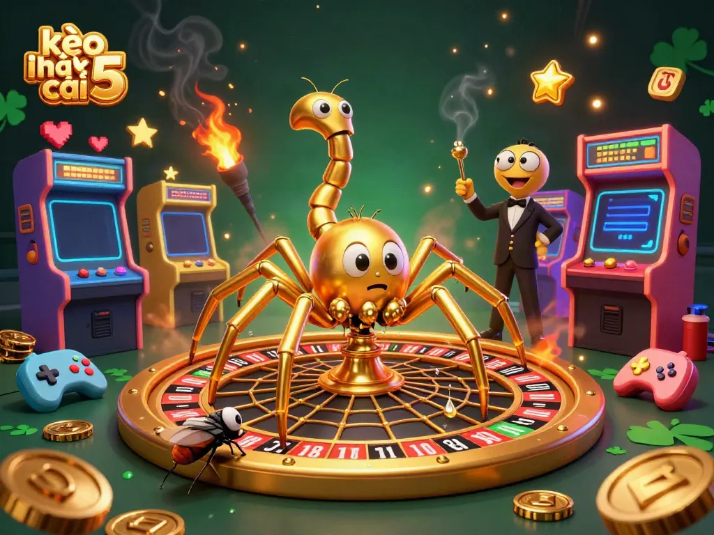 Experience the thrill of kèo nhà cái 5 with captivating cartoon visuals of a spider spinning a roulette wheel web.