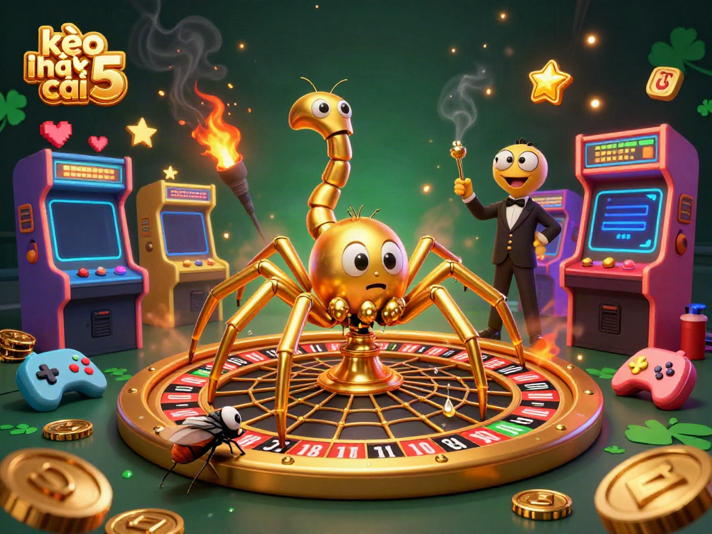 Experience the thrill of kèo nhà cái 5 with captivating cartoon visuals of a spider spinning a roulette wheel web.