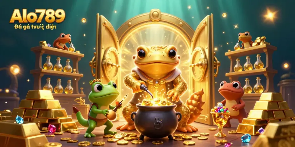 Alo789 Đá gà trực tiếp scene showcasing gold coins and gambling elements in a vibrant arcade atmosphere