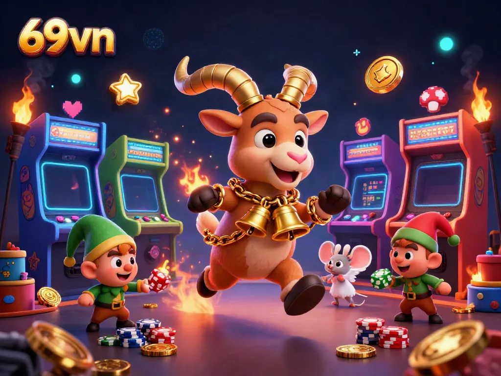 Gain winning strategies with 69vn in a vibrant, festive casino scene showcasing playful characters.