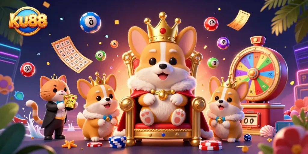 Engage with ku88's dazzling casino world, featuring a royal corgi surrounded by vibrant lottery elements.