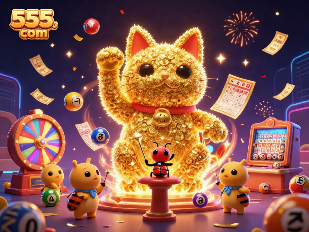 Experience winning thrills at 555win com with a vibrant casino-themed illustration featuring lucky symbols and exciting games.