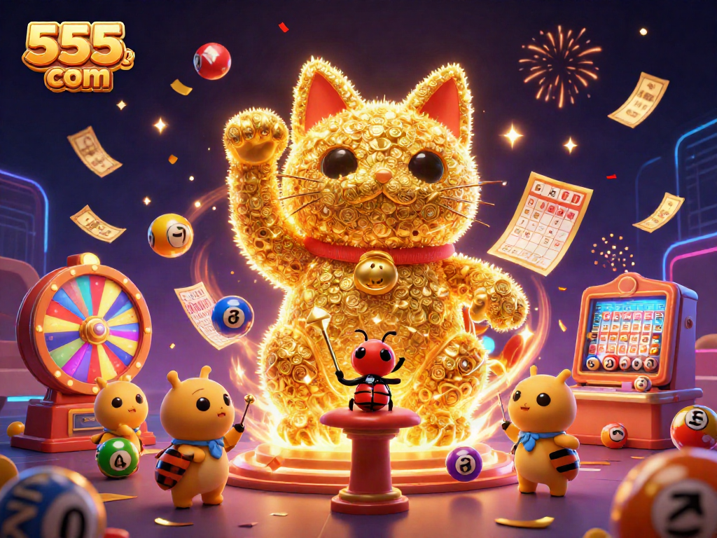 Experience winning thrills at 555win com with a vibrant casino-themed illustration featuring lucky symbols and exciting games.