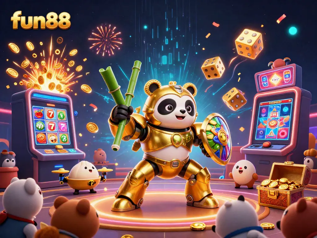 Explore fun88's dynamic casino scene with a golden panda mech, bursting slot machine, and vibrant energy.