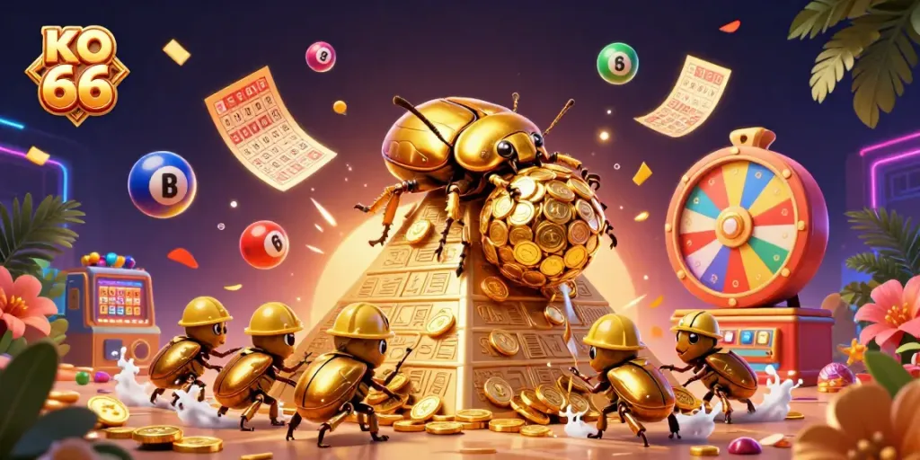 Experience exciting play with KO 66; golden beetles, vibrant lottery elements, and casino flair!