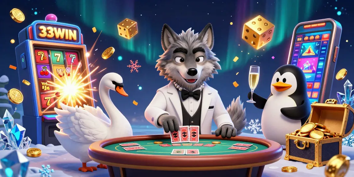 Experience the thrill of 33WIN casino with lively characters enjoying baccarat and slot games.