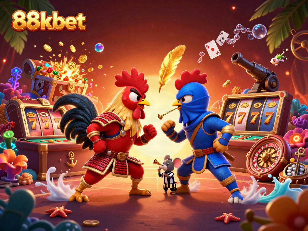Experience high-stakes gaming action with 88kbet's dynamic casino scene featuring vibrant characters and thrilling elements.