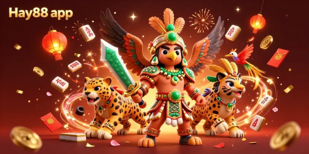 Engaging Hay88 app illustration featuring Aztec warriors and dynamic casino elements.