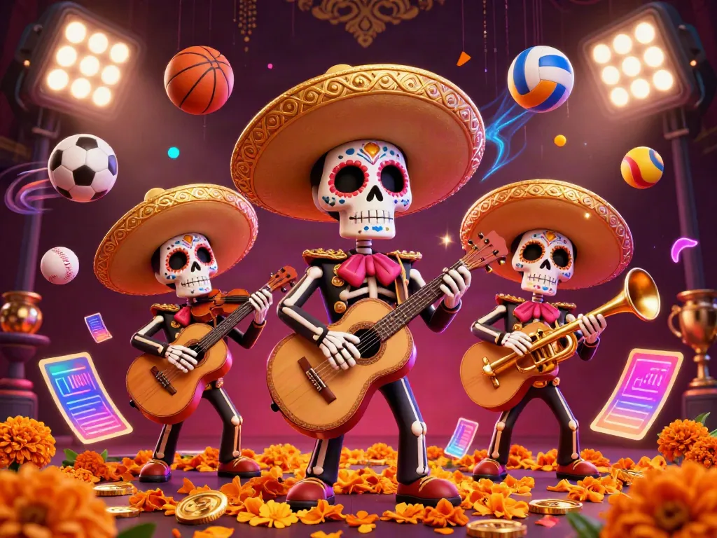 Bet on sports with the vibrant sodo66 mariachi game scene featuring a skeleton band and dynamic sports elements.