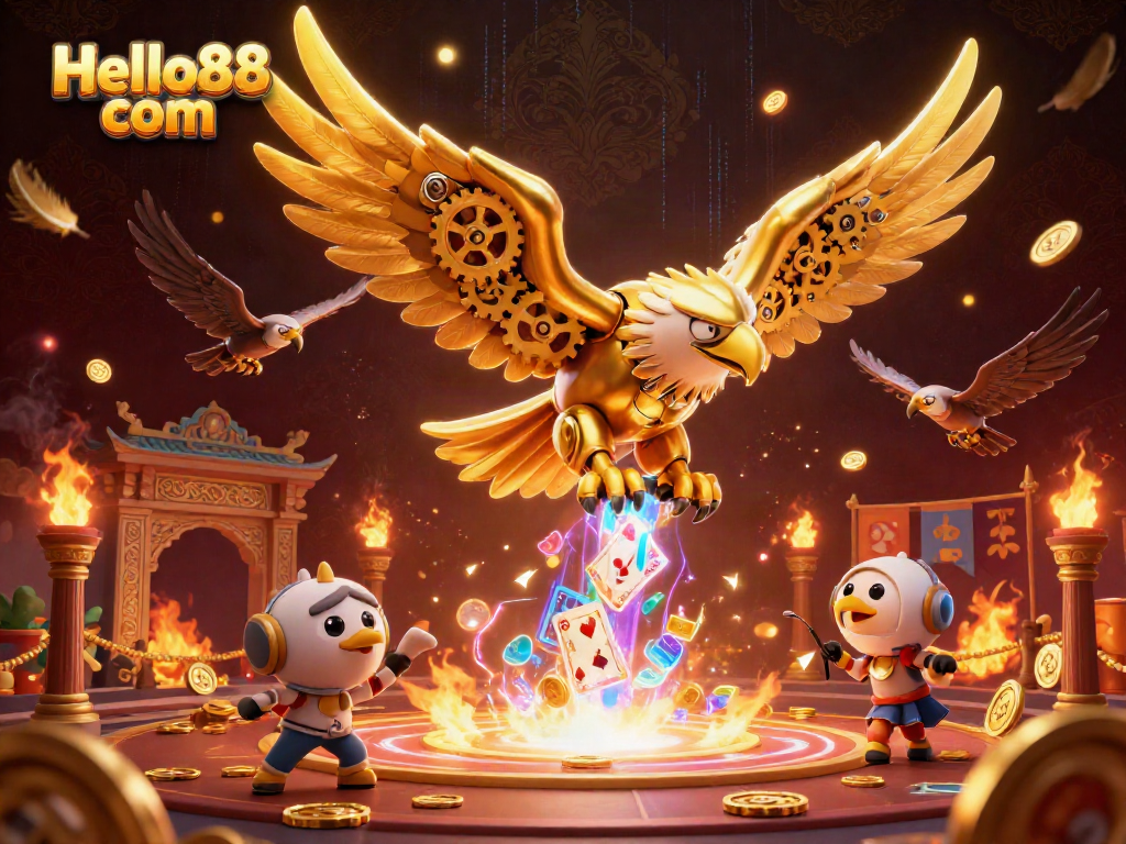 Experience thrilling gameplay at Hello88 com with a dynamic scene featuring a golden eagle, holographic cards, and vibrant casino elements.