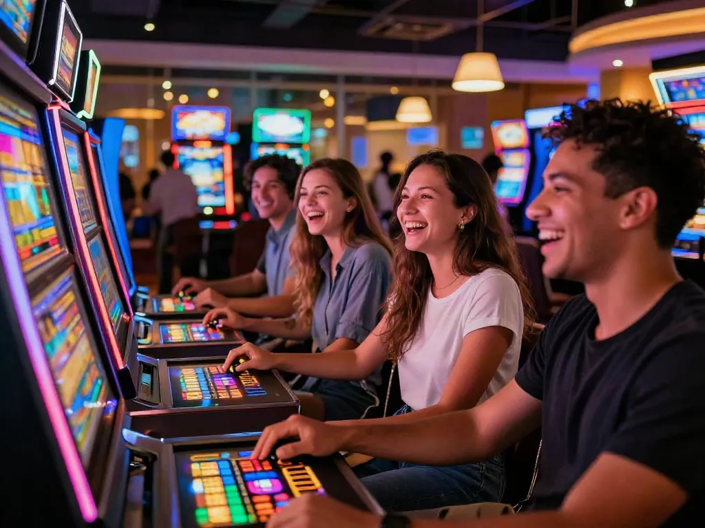 Casino gratuit scene with friends enjoying slot machines and vibrant ambiance