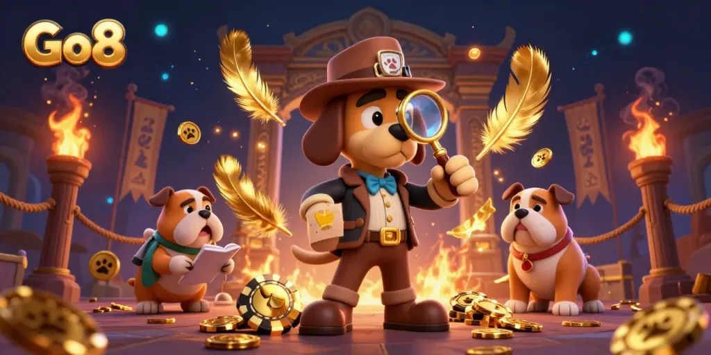 Go8 detective dog examines a golden poker chip amidst casino riches, dynamic illustration.