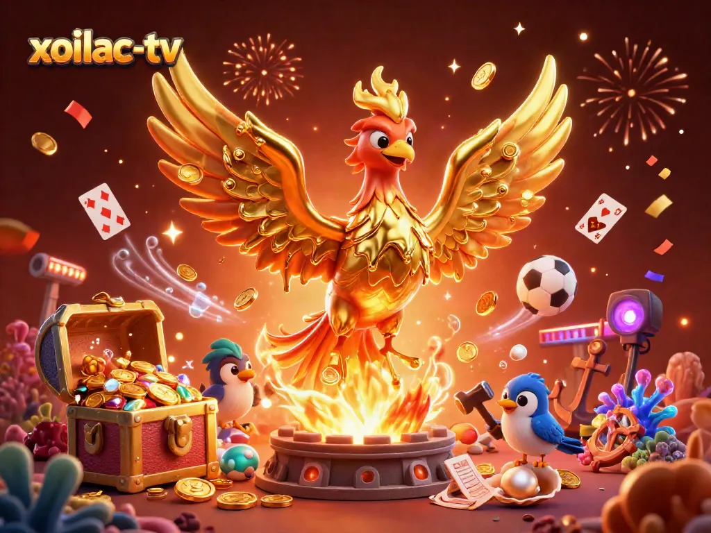 Experience exhilarating sports betting with Xoilac-TV as golden phoenix takes flight, surrounded by vibrant game elements.