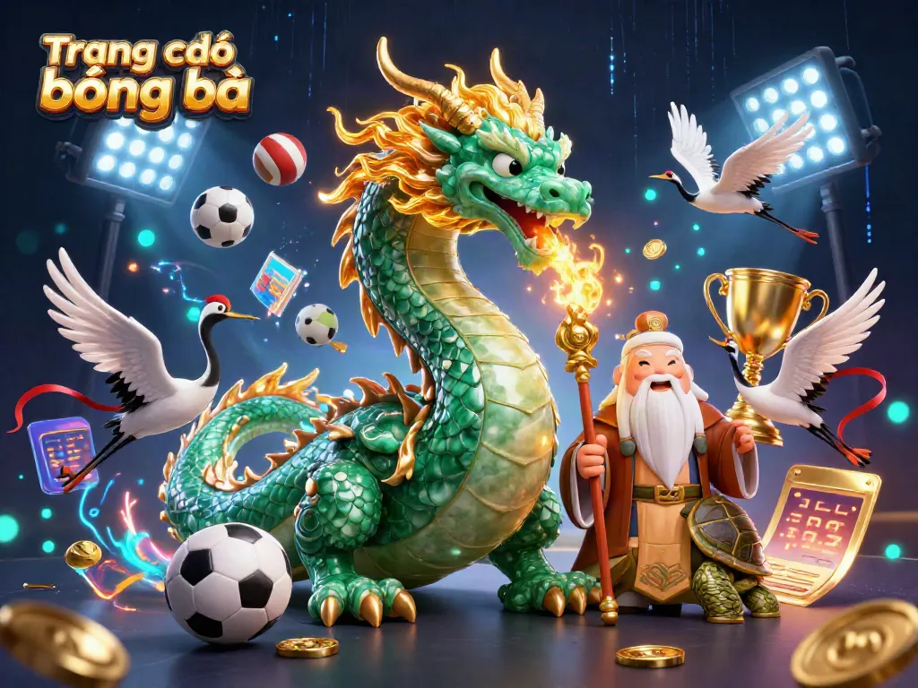 Bet on Trang cá độ bóng đá with a vibrant 3D illustration of a jade dragon, lucky cranes, sports elements, and betting visuals.
