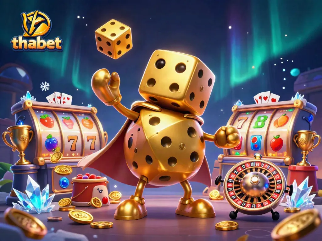 Win big with thabet in this vibrant 3D casino scene featuring golden dice, luxurious slots, and exhilarating gaming elements.