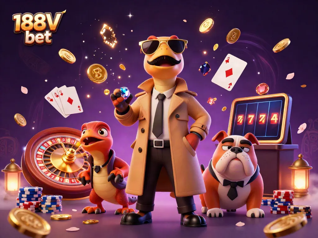 Experience the excitement of 188V bet with raptors in a trench coat and a bulldog bouncer in a rich casino setting.