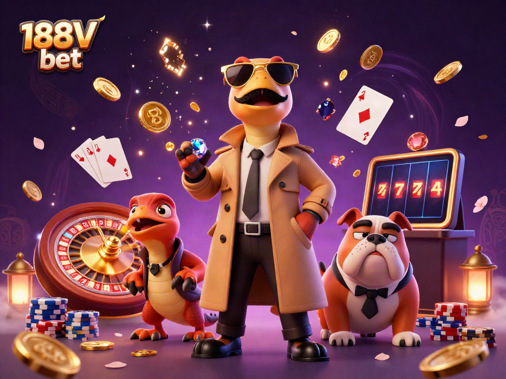 Experience the excitement of 188V bet with raptors in a trench coat and a bulldog bouncer in a rich casino setting.